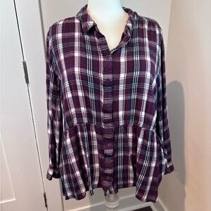 Lane Bryant Purple Plaid Button Front Peplum Tunic Top 26/28